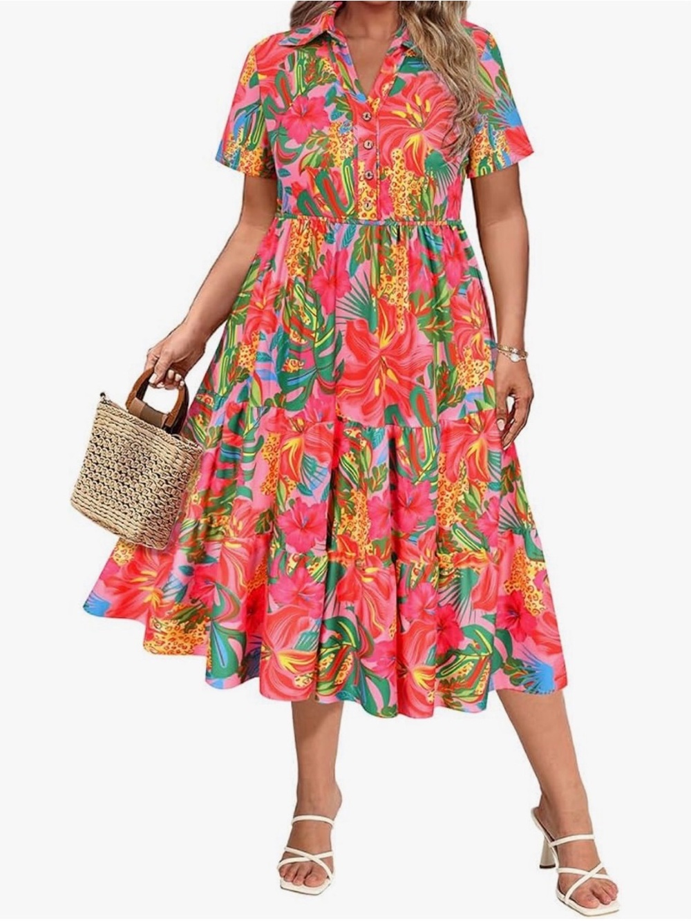 Short Sleeve Midi Shirt Dress Pink Tropical Print Knit 2X 2XL NWT